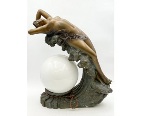 An Art Deco painted chalkware figural lamp with a milk-glass spherical shade, with incised initials and serial number. H.60 W