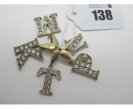 Five 9ct Gold Initial Pendants, 'K', 'M', N', 'P', 'T', all with inset highlights (total weight 13grams). (5)