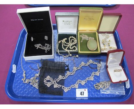 A Single Strand Graduated Pearl Bead Necklace, to pierced clasp stamped "9ct"; imitation pearls, a hallmarked silver mounted 