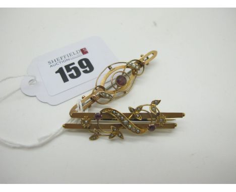 An Edwardian Style Bar Brooch, of openwork design, collet set centre with seed pearl highlights, stamped "9ct"; another simil