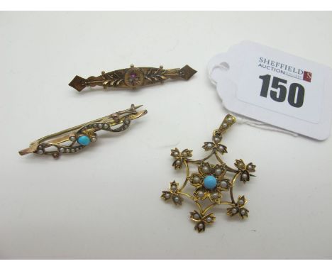 An Edwardian Seed Pearl Openwork Pendant / Brooch, together with a dainty bar brooch, stamped "15ct", and another of openwork