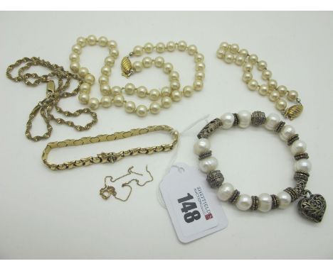 A Modern Bracelet, stamped "375", of stylised heart and cross design, 19cm long; Together with A Modern Fresh Water Pearl Bra