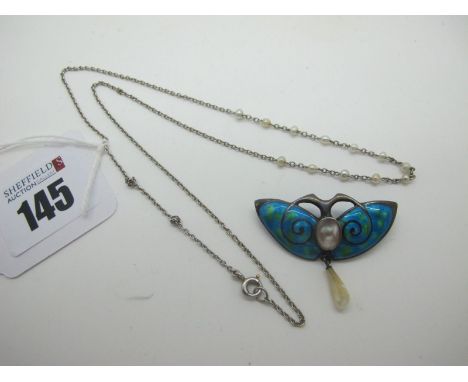 An Art Nouveau Enamel Brooch, highlighted in blue and green, suspending baroque pearl drop (overall width 4.1cm); Together wi