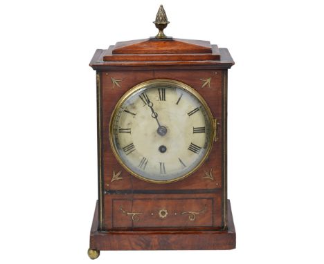 A 19th Century Single Key Wind Bracket Clock With Brass Inlay:Mahogany and brass inlaid clock, single wind to dial with pinea