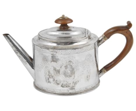 A George III Silver Teapot by Hester Bateman, London 1781:Oval form with bright-cut engraving, bead borders, and engraved wit