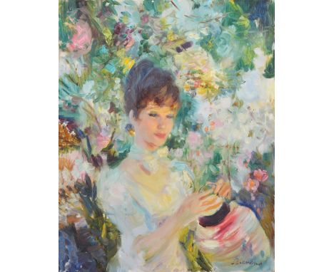 John Strevens (British, 1902-1990):Four works to include a portrait of a lady in a garden, oil on board, signed lower right, 
