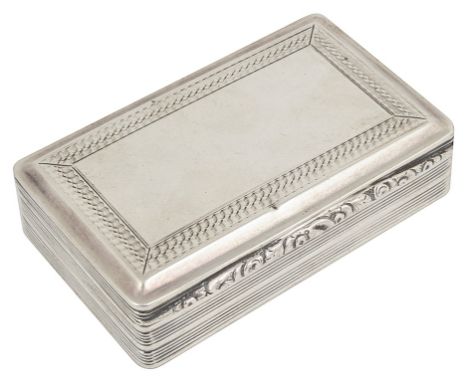 A Victorian Silver Snuff Box by Nathaniel Mills, Birmingham 1839:Of rectangular form with reeded sides and base, the hinged c