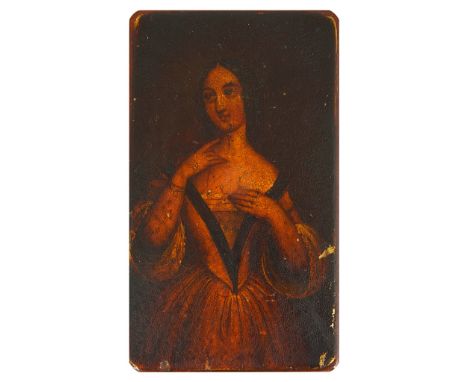 A Russian Painted Snuff Box:Papier mache lacquered box, the lid decorated with lady in court dress, opens to reveal running f