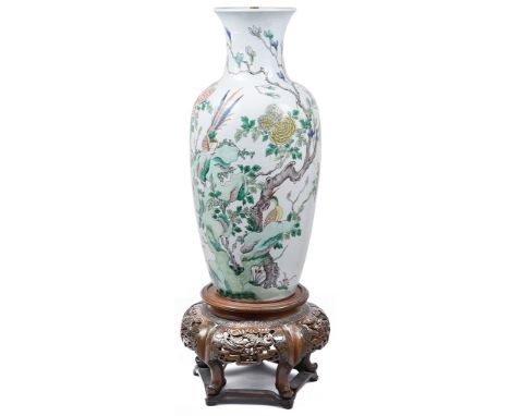 A Chinese Famille Verte Vase Converted To lamp:19th century depicting birds on branches amongst Chrysanthemum. Height 45cm   