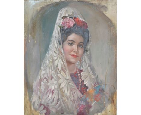 John Strevens (British, 1902-1990):Portrait of a Spanish lady, oil on canvas, signed upper left & dated '63, H 68 x W 55 cm, 