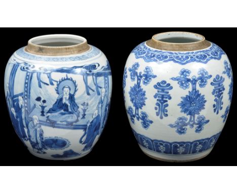 Two Chinese blue and white jars17th/18th centuryTo include: a jar decorated with a scene of Buddhist monks visiting their Mas