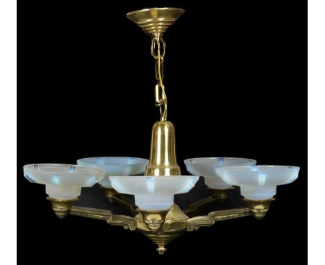 An Art Deco Ceiling Light:French, 1920s/30s, five arm light with opalescent shades in the Lalique style 