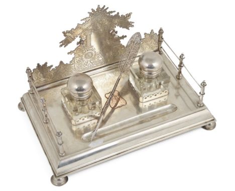 A Silver Desk Pen Tray Inkwell:An early 20th century Russian silver ink stand in the Pan-Slavic style, 1908-1917, Moscow. Rec