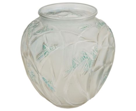 A Rene Lalique (1860-1945) Sauterelles Vase:Tall Clear & frosted glass vase, with a design of greenish blue patinated grassho