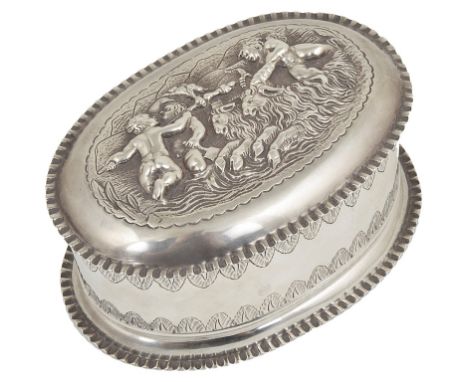 A Late Victorian Silver Trinket Box by Pairpoint Brothers, London 1883:in the 17th century manner, oval form with crimped bor