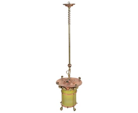 An Arts & Crafts Lantern:Circa 1900, copper and brass hanging lantern with original yellow shadeH 140 cm approx   CONDITION R