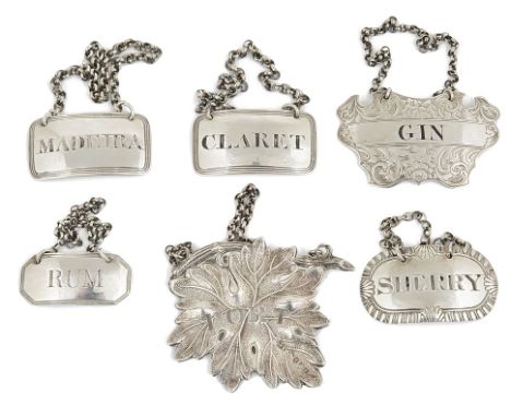 Six Decanter Labels to Include Two by George Unite:A small collection of antique silver wine labels, viz: a pair of plain rec