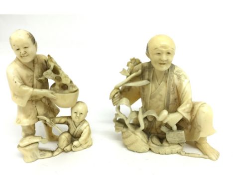 Two Meiji Period Ivory Carvings:One of a Man with a large flower, the other of a man and child, the man holding a potted flow