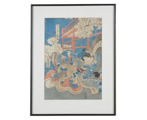 Four Japanese woodblock printsMeiji periodTo include: a scene from literary classics (Daikoku-ya Heikichi publisher) and a po
