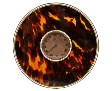 A Silver Tortoiseshell and Enamel Clock by Thomas Callow & Son, c1915:Circular silver frame, with white enamel and tortoisesh