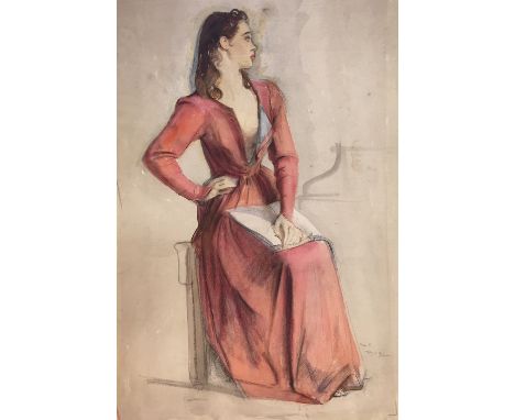 Alfred Kingsley Lawrence, R.A., R.P. (British, 1893-1975):'Miss A', full length portrait study of a seated lady, pencil & wat