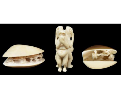 Three Japanese ivory okimonoMeiji periodTo include: two clam shell carvings containing figures in a landscape, artist's mark 