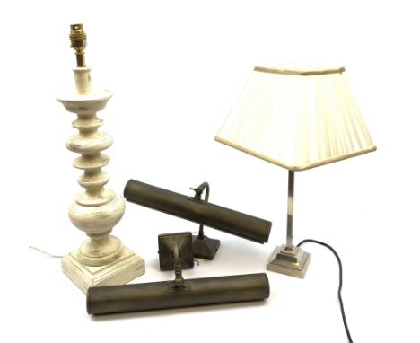 A cream washed effect table lamp, with knopped stem upon a stepped square base, with cream shade, overall H78cm, together wit