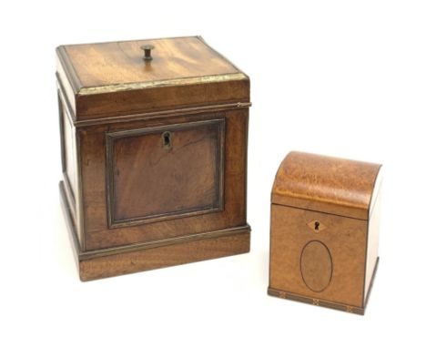 A small 19th century Amboyna tea caddy with curved hinged cover, H12.5cm, together with a Georgian mahogany tea caddy, includ