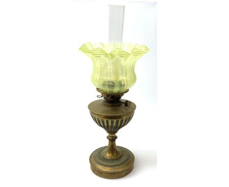 A Victorian Hinks' London Benetfink Duplex brass oil lamp, with frilled Vaseline glass shade and clear chimney, overall H56cm