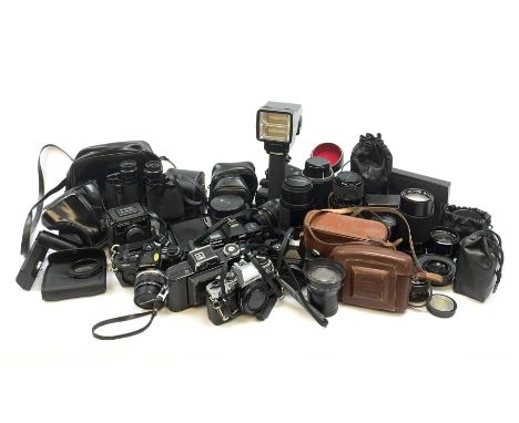 Vintage cameras lenses and accessories including Olympus 'OM10' camera body, Olympus 'OM4' camera, 'Olympus OM-System Zuiko a