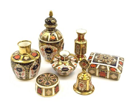 A selection of Imari pattern Royal Crown Derby, comprising rectangular lidded trinket box, vase and cover, squat bulbous vase