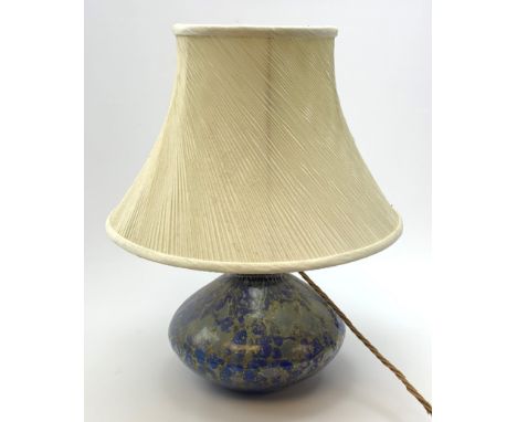 A WMF Ikora style table lamp, the mottled blue and gold coloured body of compressed bulbous form, unmarked, including fabric 