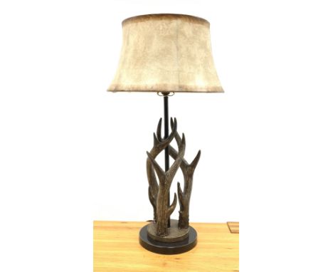 A faux antler table lamp, with faux hide shade, overall H81cm.Click here to view further images, condition reports, sale time