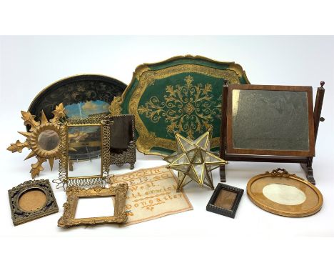 A group of assorted collectables, comprising a small 19th century mahogany swing toilet mirror, H34cm, small Vintage sunburst