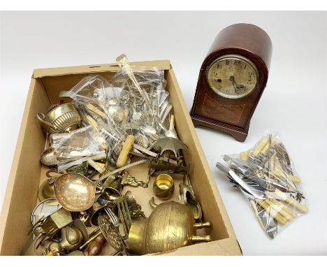 A selection of silver plate, largely comprising assorted flatware, together with three silver teaspoons (each split and damag