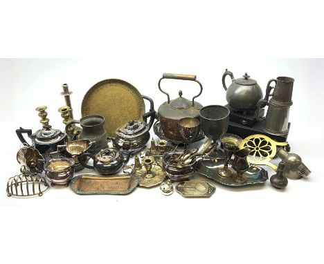 A quantity of assorted silver plate, comprising largely silver plate, to include tea wares, candlesticks, cased flatware, pai