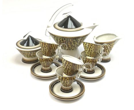 A Chech Republic Thun Studio Leopard print tea set, comprising teapot, milk jug, sucrier and cover, and six tea cups and six 