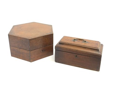 A Georgian mahogany tea caddy, the hinged cover with carry handle opening to reveal a compartmented interior, L26.5cm, togeth