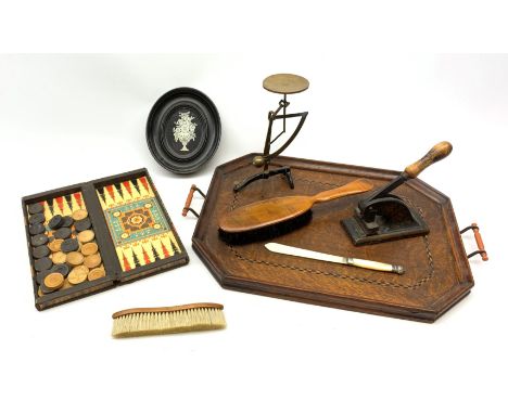 Antique postal scales, mother of pearl handled letter opener, twin handled tray with inlaid decoration and other miscellaneou