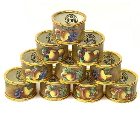 A set of ten Kingsley Enamel fruit painted napkin rings with gold coloured mounts, signed C Hugh, D4.5cm. Click here to view 