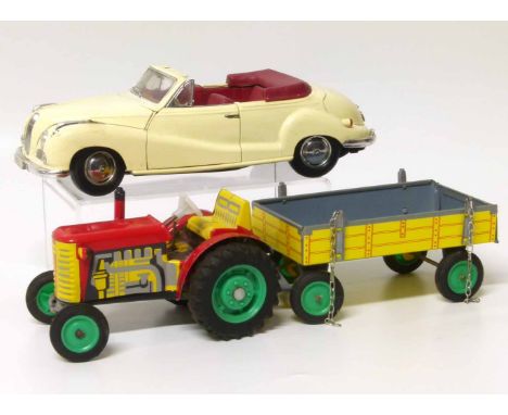 Maisto BMW 502 (1955) scale 1/16 and modern tin plate Zetor tractor complete with wheel trailer. No condition reports for thi