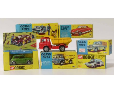 Six corgi boxed toys, model numbers 448, 506, 494, 334, 259 and 438. No condition reports for this sale.