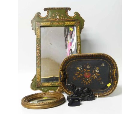 Victorian papier mache snuff box, cast iron dog and two small mirrors. No condition reports for this sale.