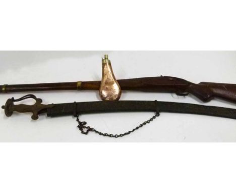 Indian percussion musket, tulwar sword and powder flask  No condition reports for this sale.
