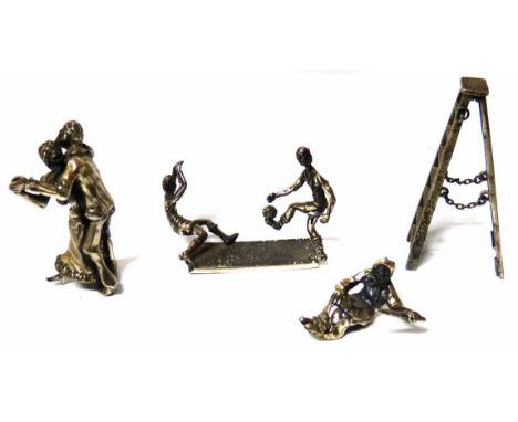 4 sterling silver miniatures to include 2x footballers, a dancing couple, a seated figure and a pair of step ladders.  No con