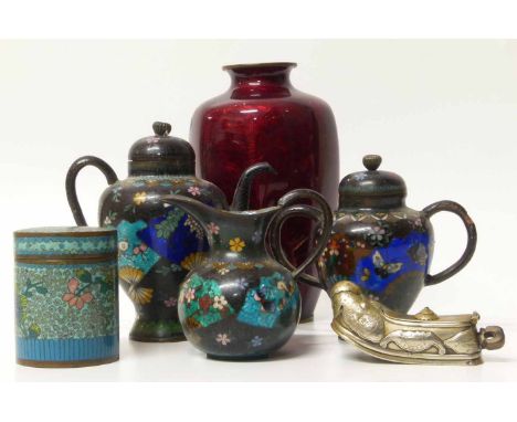 Cloisonne three piece tea set, lidded box and a vase. Also a shoe shaped snuff box No condition reports for this sale.