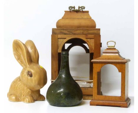 A Wynand Fockink Amsterdam green glass flask, plus two pine clock cases (empty) and a rabbit statue. No condition reports for