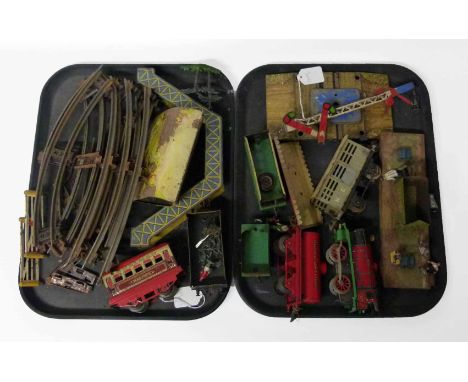 Tin plate hornby train set, inc engine, tender, 5 trucks, platform, signals and figures, track etc No condition reports for t