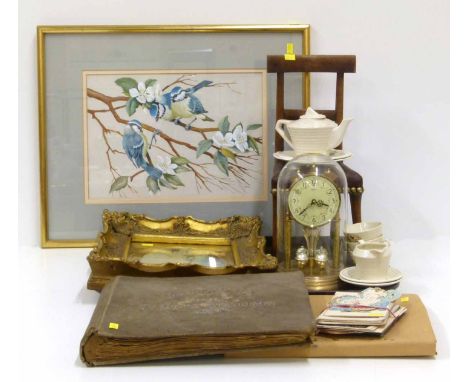 An Angligue Torsion clock, minature leather dolls chair, A reproduction print in gilt frame, a crank "Blue-tits" watercolour 
