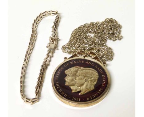 1981 Prince Charles & Lady Diana royal wedding enamel pendant with silver chain together with a silver fancy link bracelet No